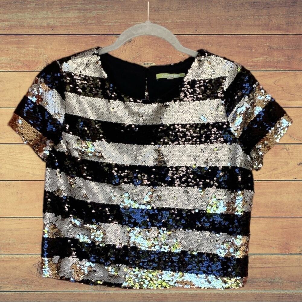 Gianni Bini black and gold cropped sequin top XS